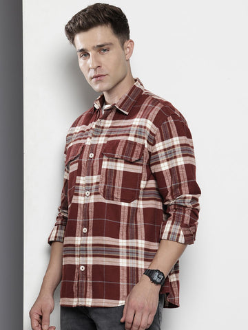 Men's Maroon Regular Fit Checked Casual Shirt
