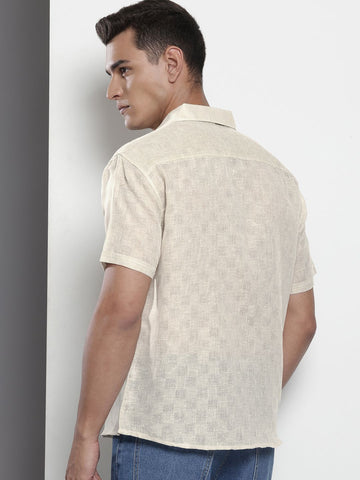 Men's Beige Relaxed Fit Textured Resort Wear Shirt