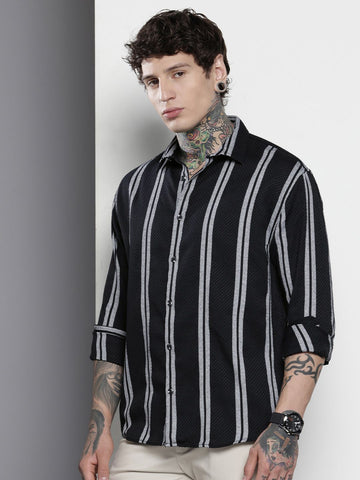 Men's Black Relaxed Fit Striped Resort Wear Shirt