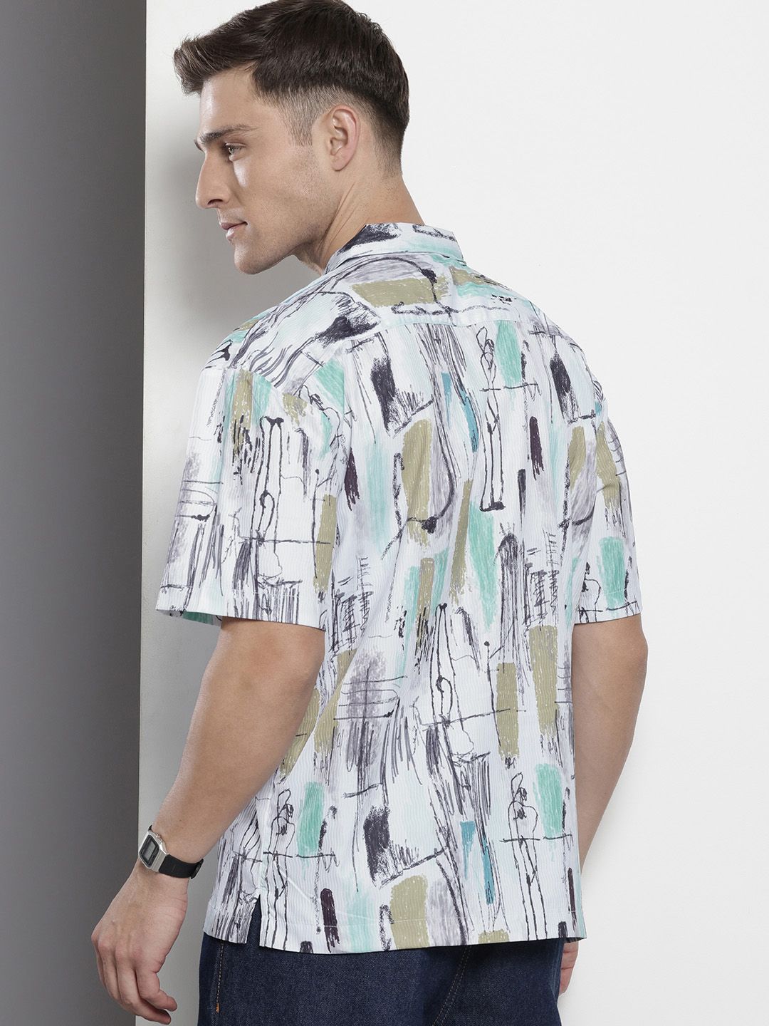 Men's White Relaxed Fit Printed Resort Wear Shirt