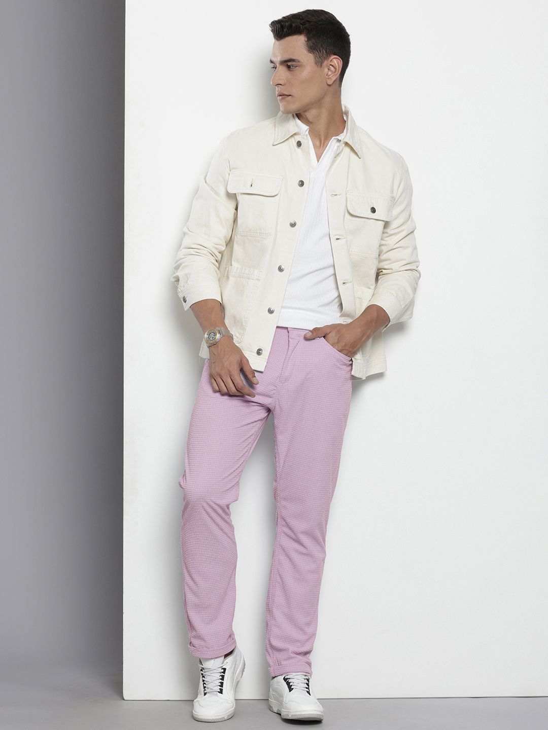 Men's Purple Straight Fit Textured Trousers