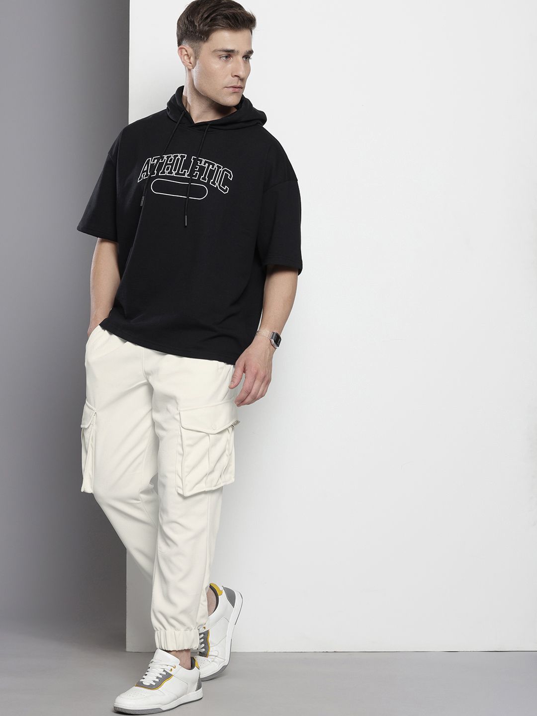 Men's White Relaxed Fit Textured Cargo Joggers