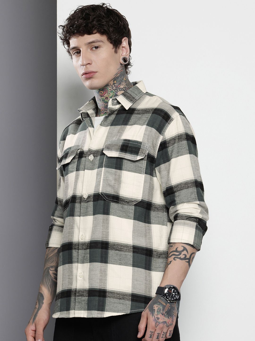Men's Grey Regular Fit Checked Casual Overshirt