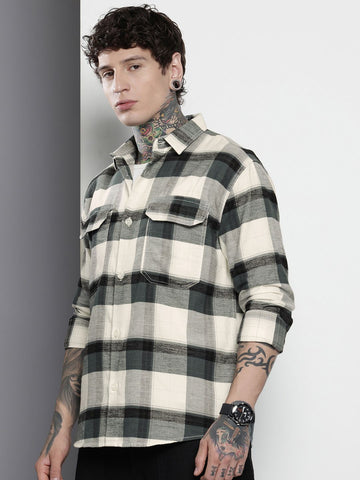 Men's Grey Regular Fit Checked Casual Shirt