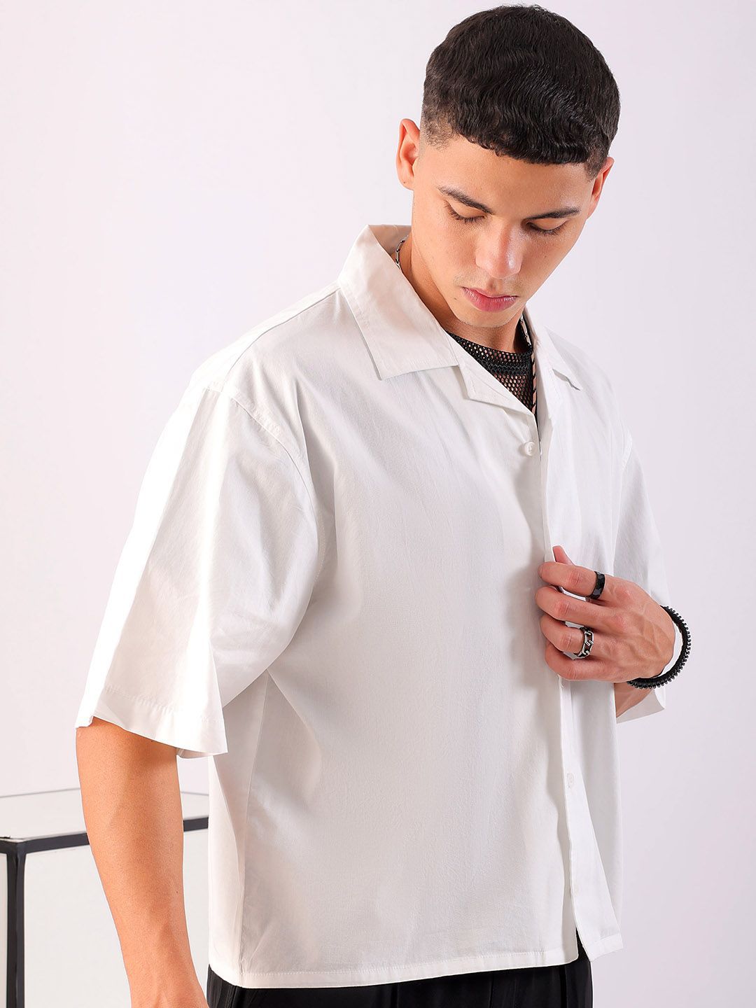 Men's Half Sleeves Boxy Fit White Shirt