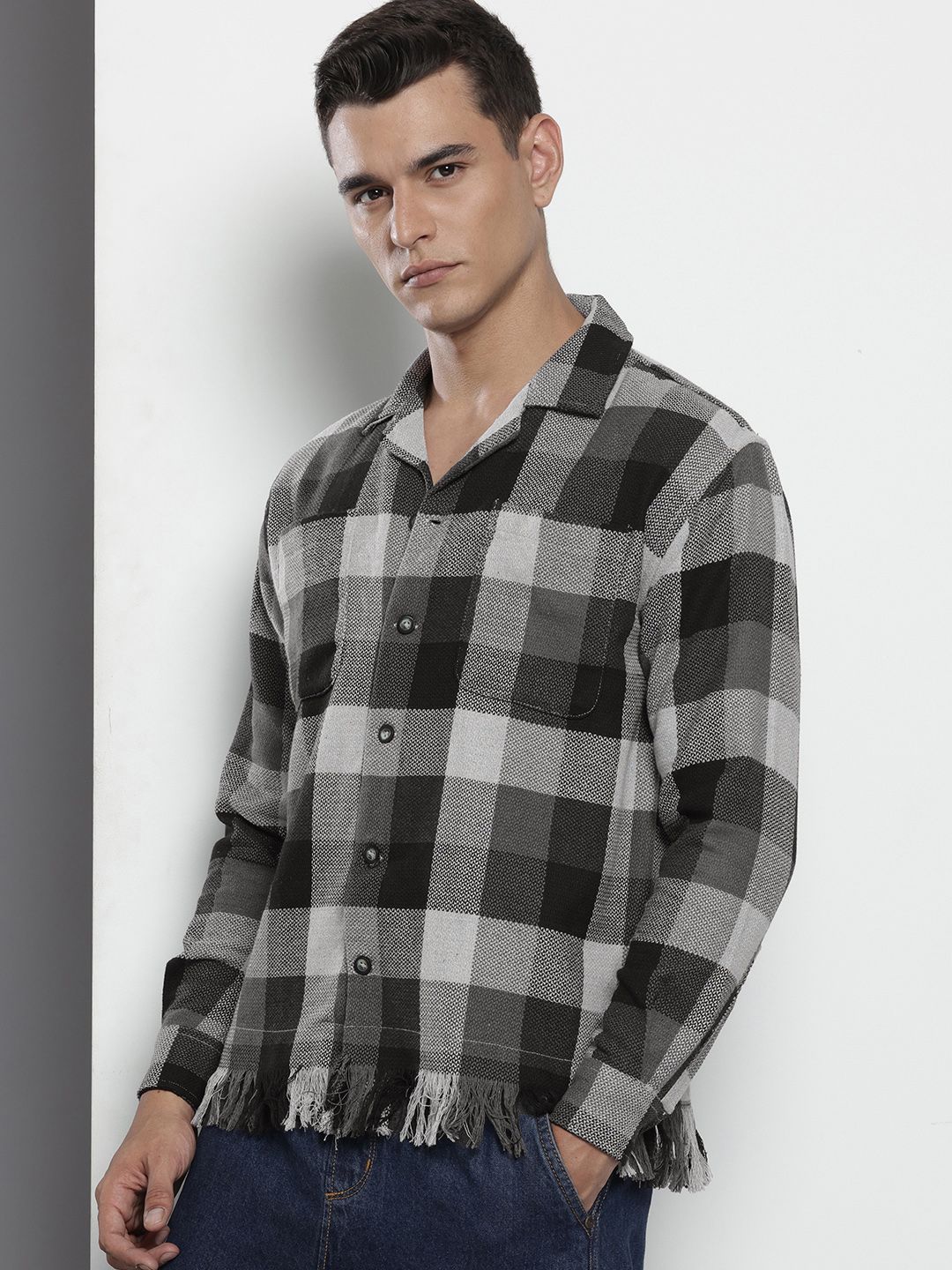 Men's Grey Relaxed Fit Checked Bohemian Shirt