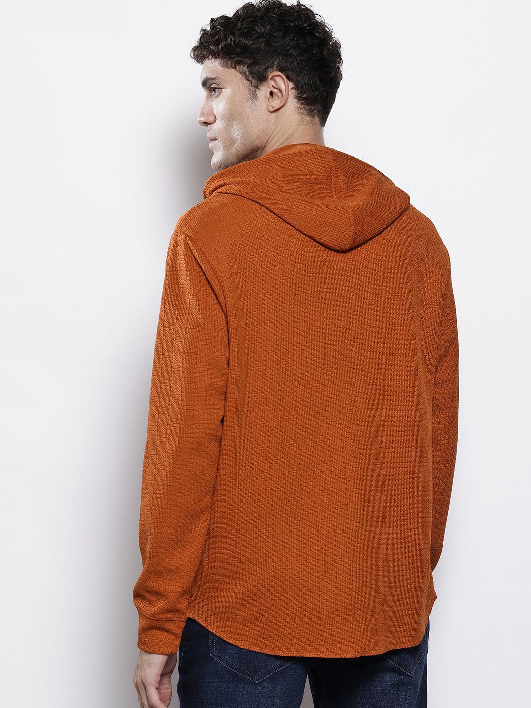 Men's Rust Regular Fit Textured Hooded T-Shirt