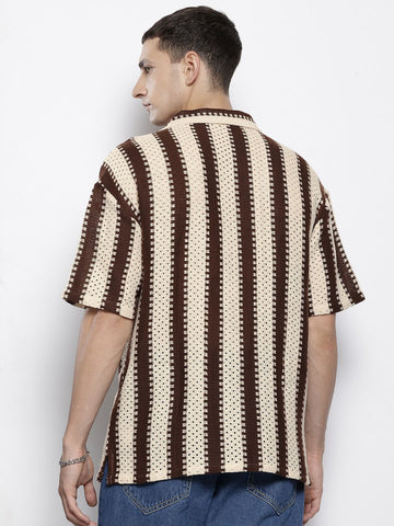 Men's Off White Relaxed Fit Textured Resort Wear Shirt
