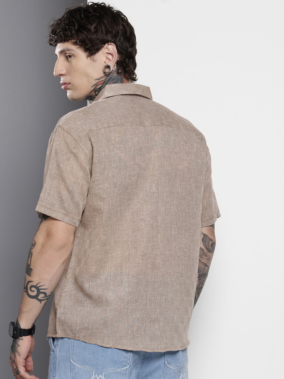 Men's Brown Relaxed Fit Textured Resort Wear Shirt