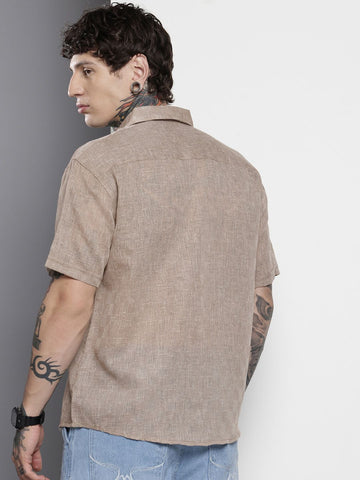 Men's Brown Relaxed Fit Textured Resort Wear Shirt