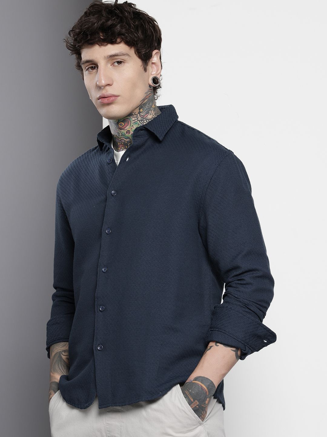 Men's Blue Relaxed Fit Solid Resort Wear Shirt