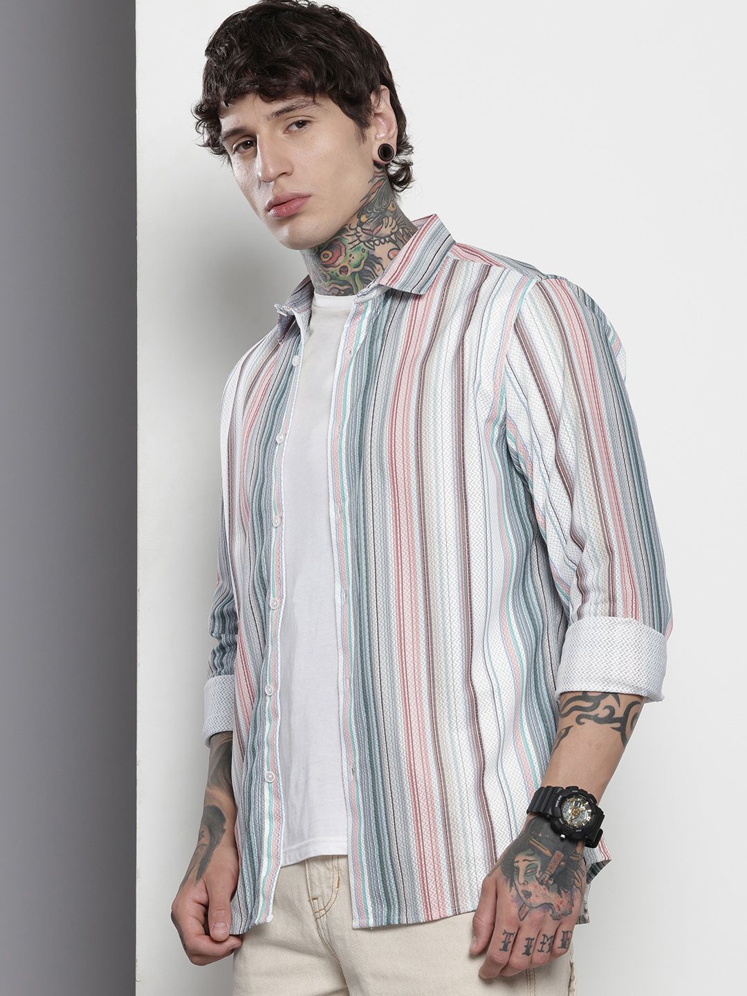 Men's Multicolor Regular Fit Striped Textured Shirt