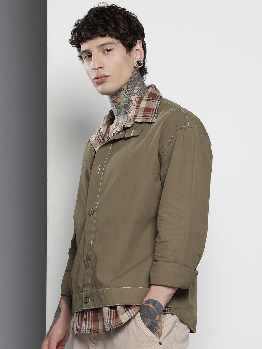 Men's Olive Boxy Fit Solid Korean Street Shirt