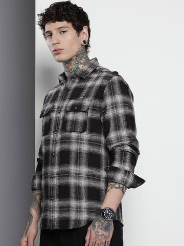 Men's Black Slim Fit Checked Casual Shirt