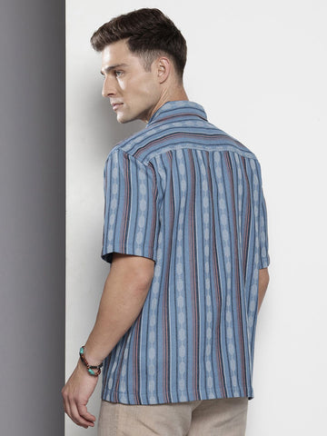 Men's Blue Relaxed Fit Striped Resort Wear Shirt