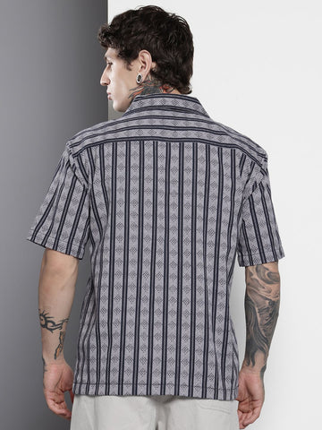Men's Blue Relaxed Fit Striped Resort Wear Shirt
