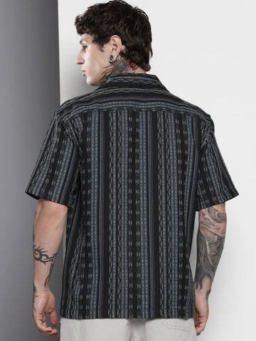 Men's Black Relaxed Fit Striped Resort Wear Shirt