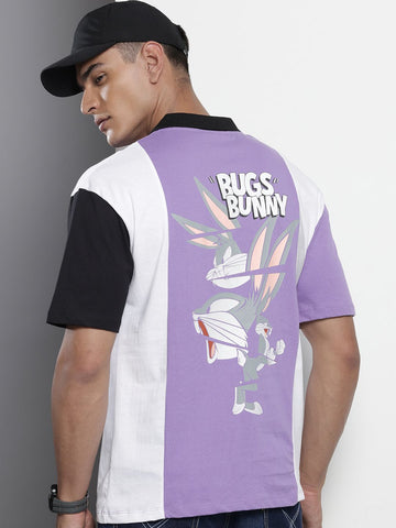 Men's Purple Boxy Fit Character Bugs Bunny Printed Polo Collar T-Shirt