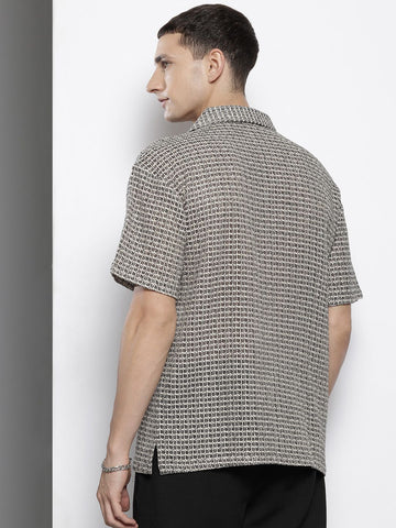 Men's Black Relaxed Fit Textured Resort Wear Shirt