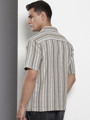 Men's Grey Relaxed Fit Striped Resort Wear Shirt