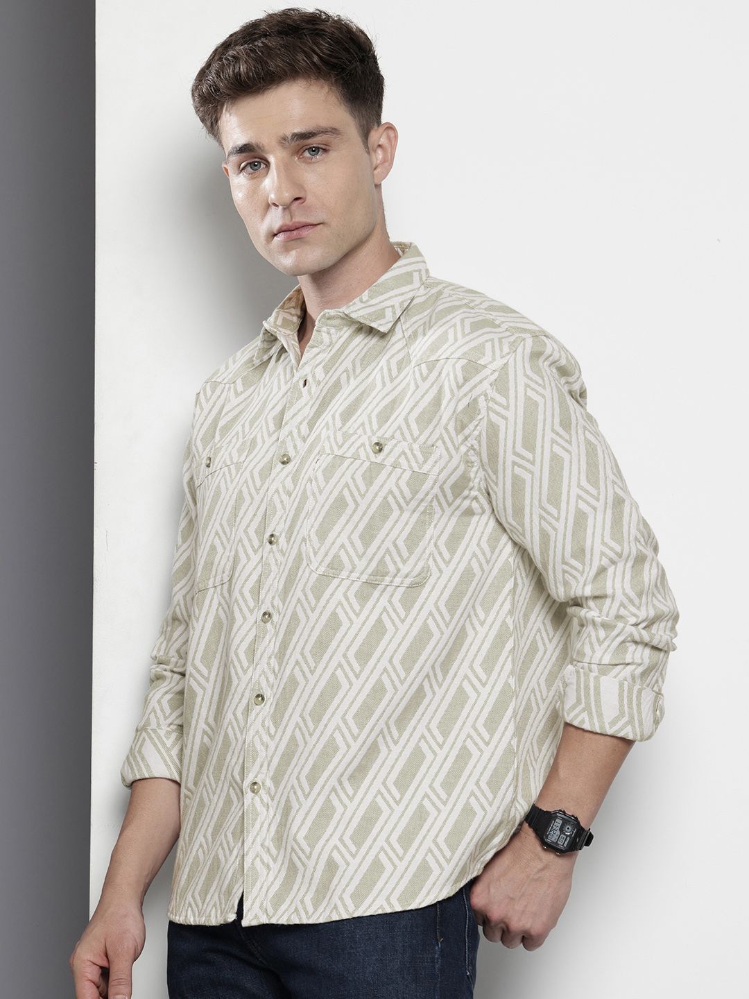 Men's Green Relaxed Fit Textured Casual Shirt
