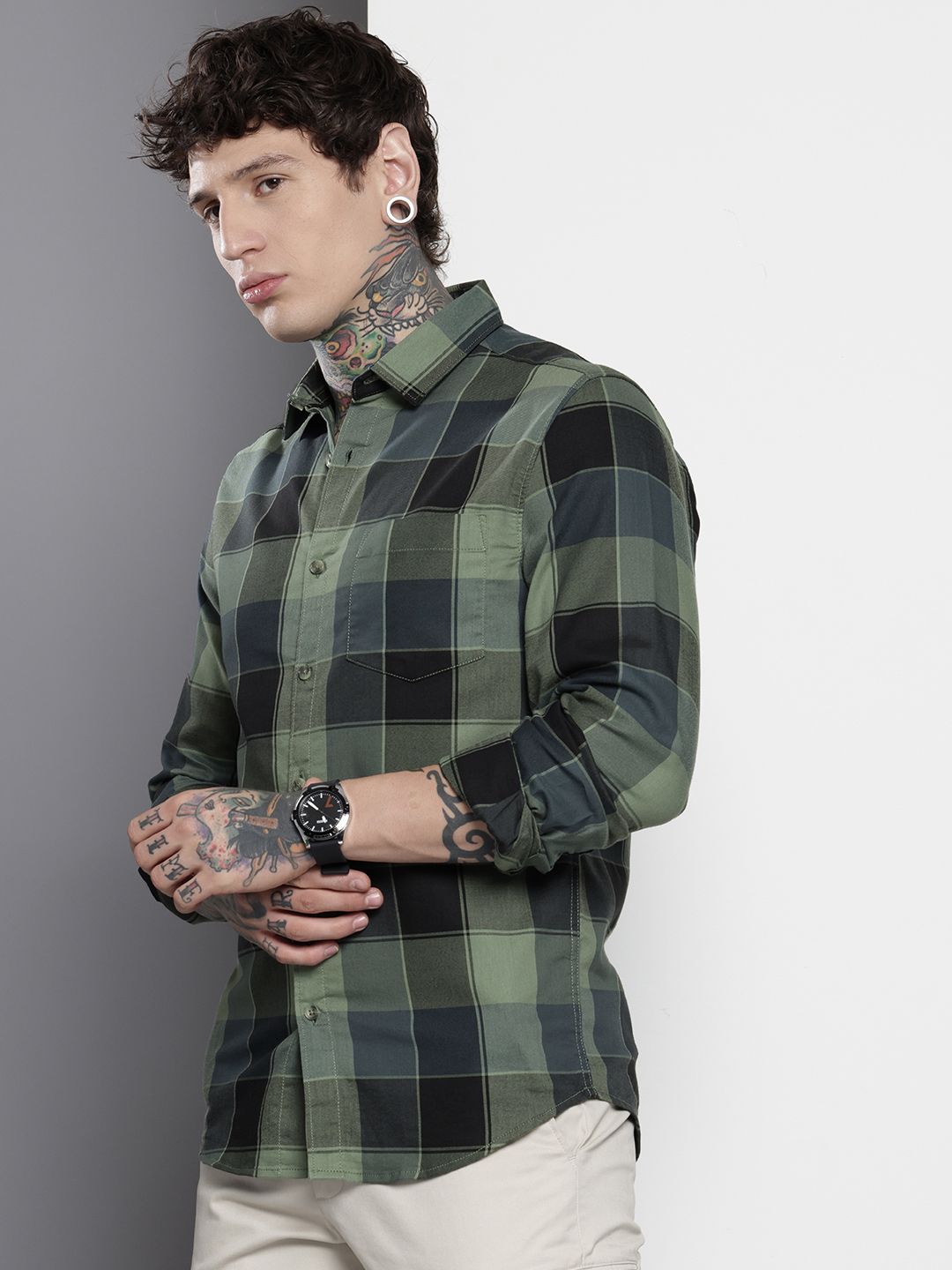Men's Green Checked Slim Fit Shirt