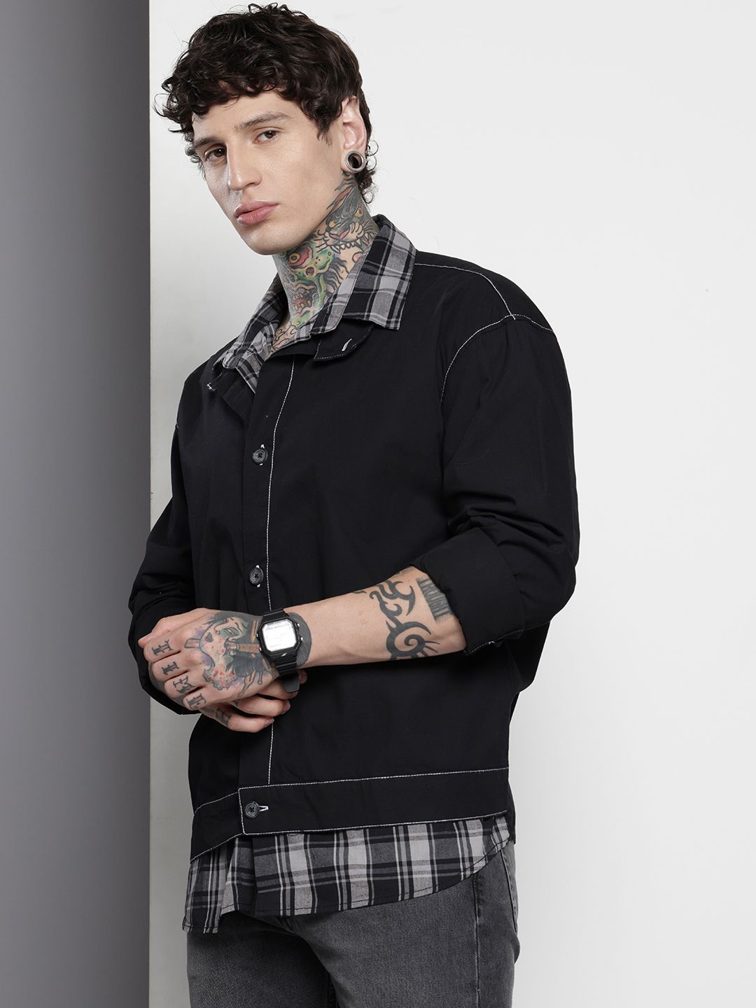 Men's Black Boxy Fit Solid Street Wear Shirt
