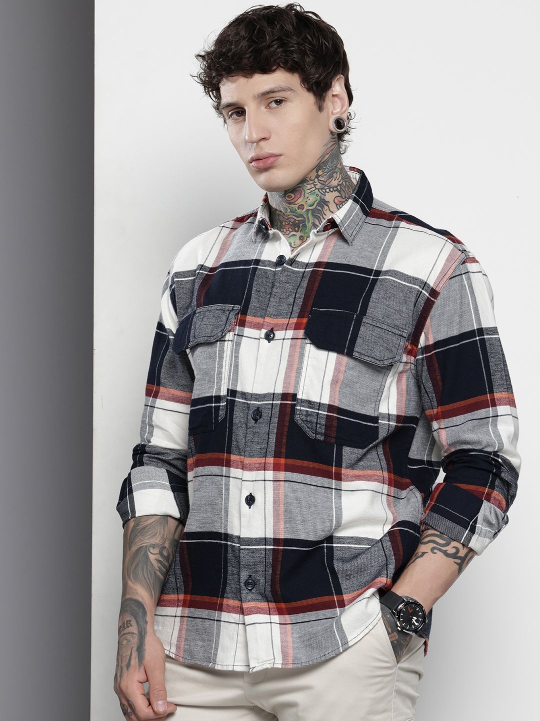Men's Navy Blue Regular Fit Checked Casual Overshirt