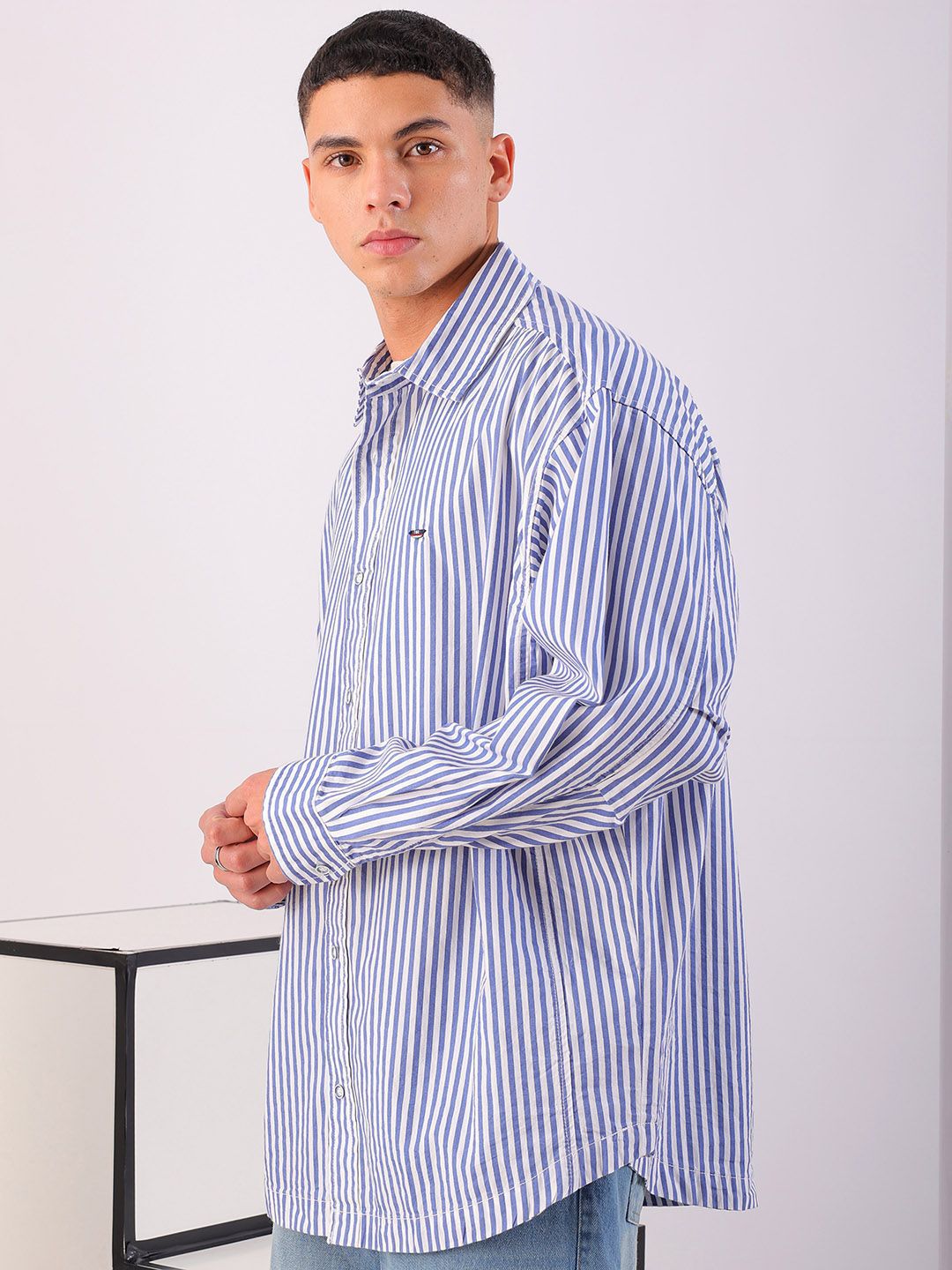 Men's Blue Sleeves Oversized Fit White Shirt