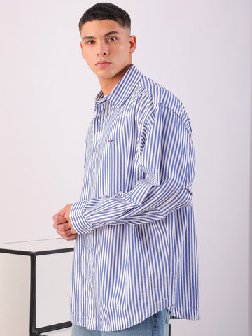 Men's Blue Sleeves Oversized Fit White Shirt