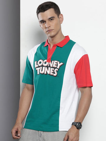 Men's Green Boxy Fit Character Bugs Bunny Printed Polo Collar T-Shirt