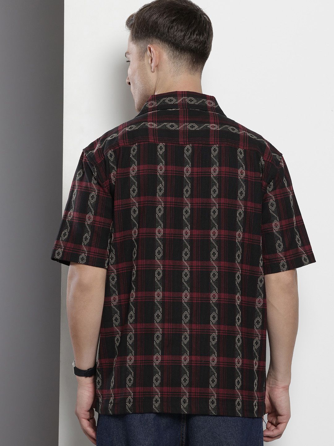 Men's Black Relaxed Fit Striped Resort Wear Shirt