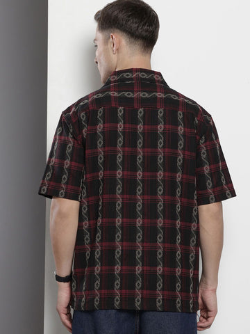 Men's Black Relaxed Fit Striped Resort Wear Shirt