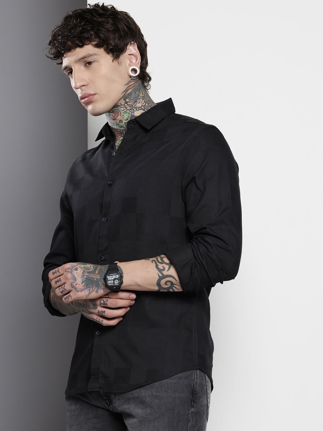 Men's Black Slim Fit Textured Party Wear Shirt