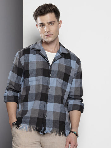 Men's Black Relaxed Fit Checked Bohemian Shirt