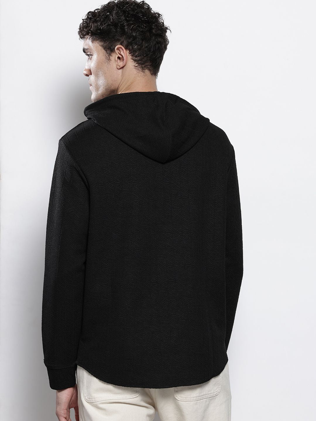 Men's Black Regular Fit Textured Hooded T-Shirt