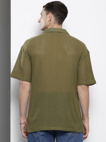 Men's Olive Relaxed Fit Textured Resort Wear Shirt