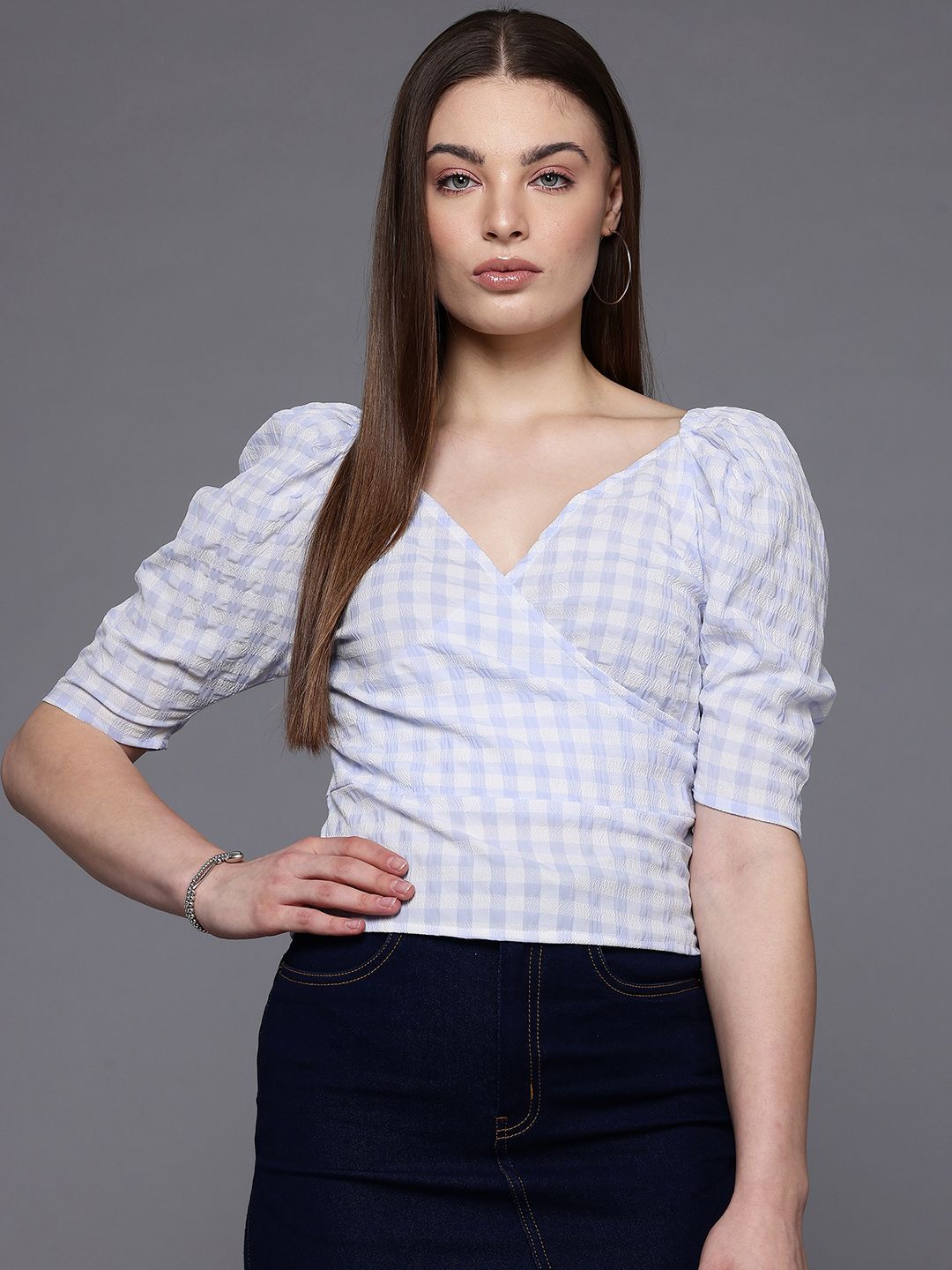 Freehand Blue The Indian Garage Co Women Fitted Textured Tie Up Wrap Top