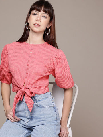 Freehand by The Indian Garage Co Women Regular Fit Textured Designer Back Tie Up Top