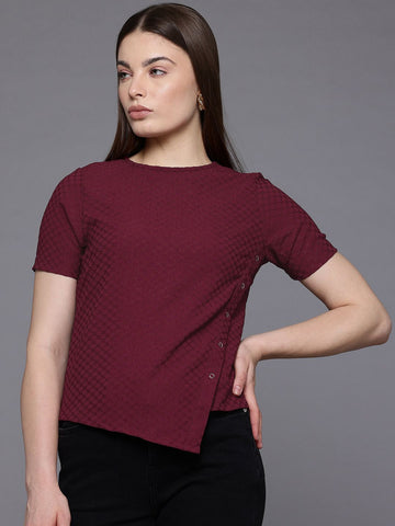 Freehand Maroon The Indian Garage Co Women Regular Fit Textured Asymmetric Top