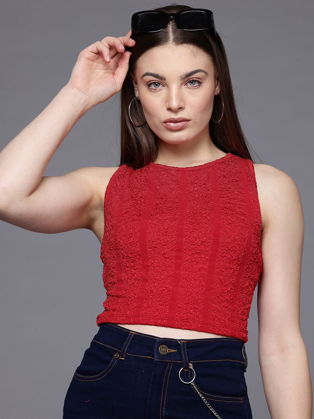 Freehand by The Indian Garage Co Women Fitted Textured Crop Top