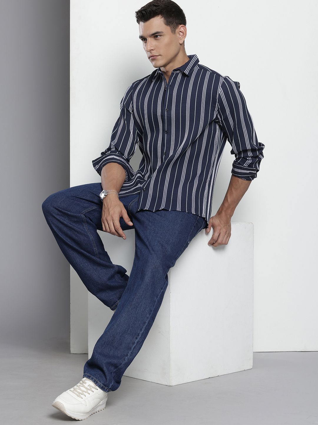 Men's Navy Blue Regular Fit Striped Textured Shirt