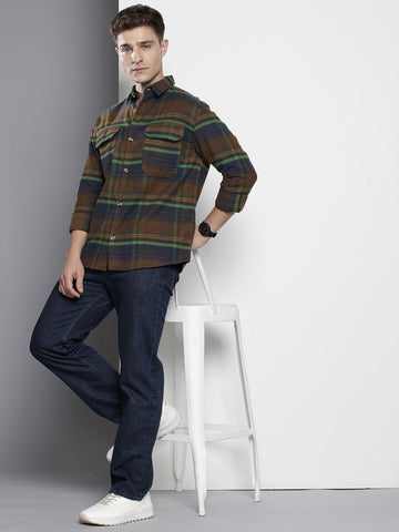 Men's Navy Blue Regular Fit Checked Casual Shirt