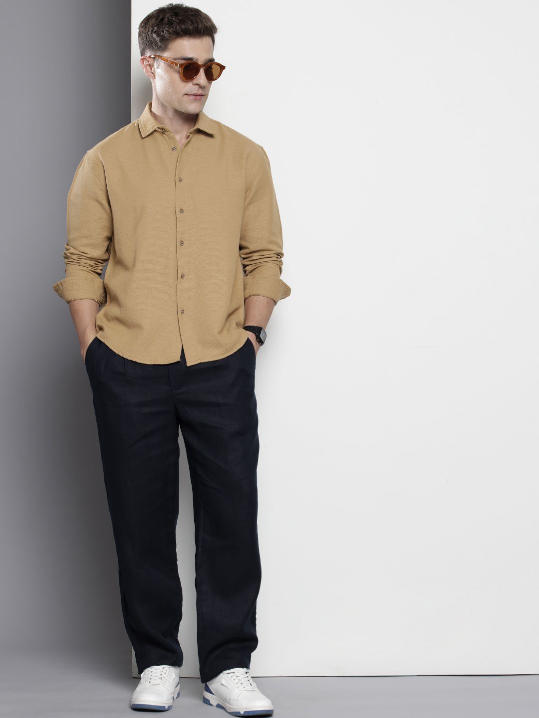 Men's Khaki Relaxed Fit Solid Resort Wear Shirt