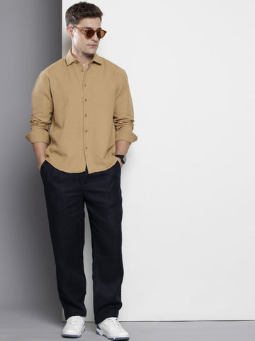 Men's Khaki Relaxed Fit Solid Resort Wear Shirt