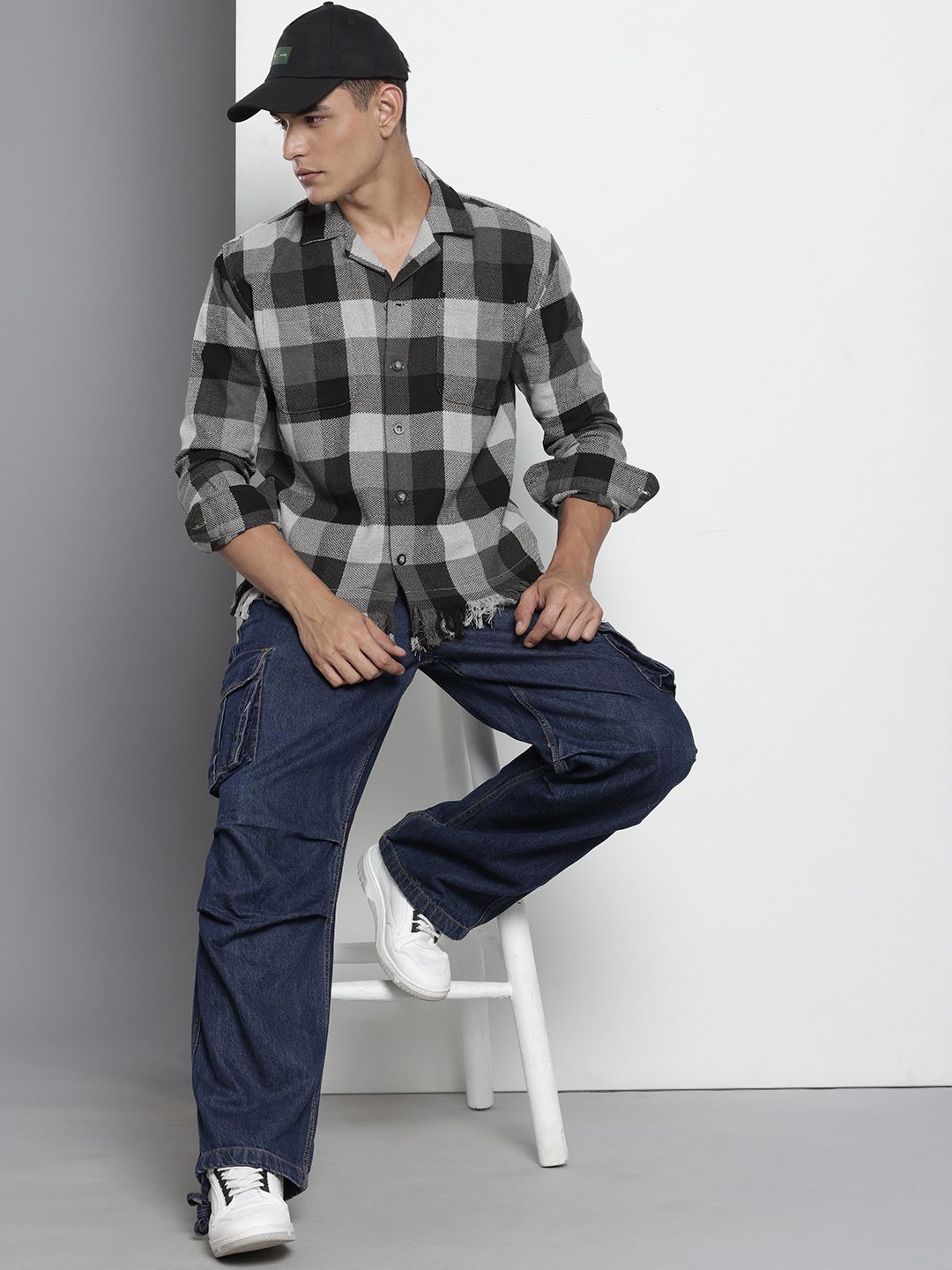 Men's Grey Relaxed Fit Checked Bohemian Shirt