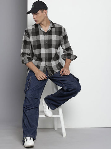 Men's Grey Relaxed Fit Checked Bohemian Shirt