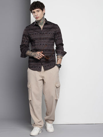 Men's Black Slim Fit Printed Party Wear Shirt