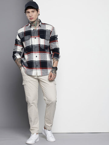 Men's Navy Blue Regular Fit Checked Casual Shirt