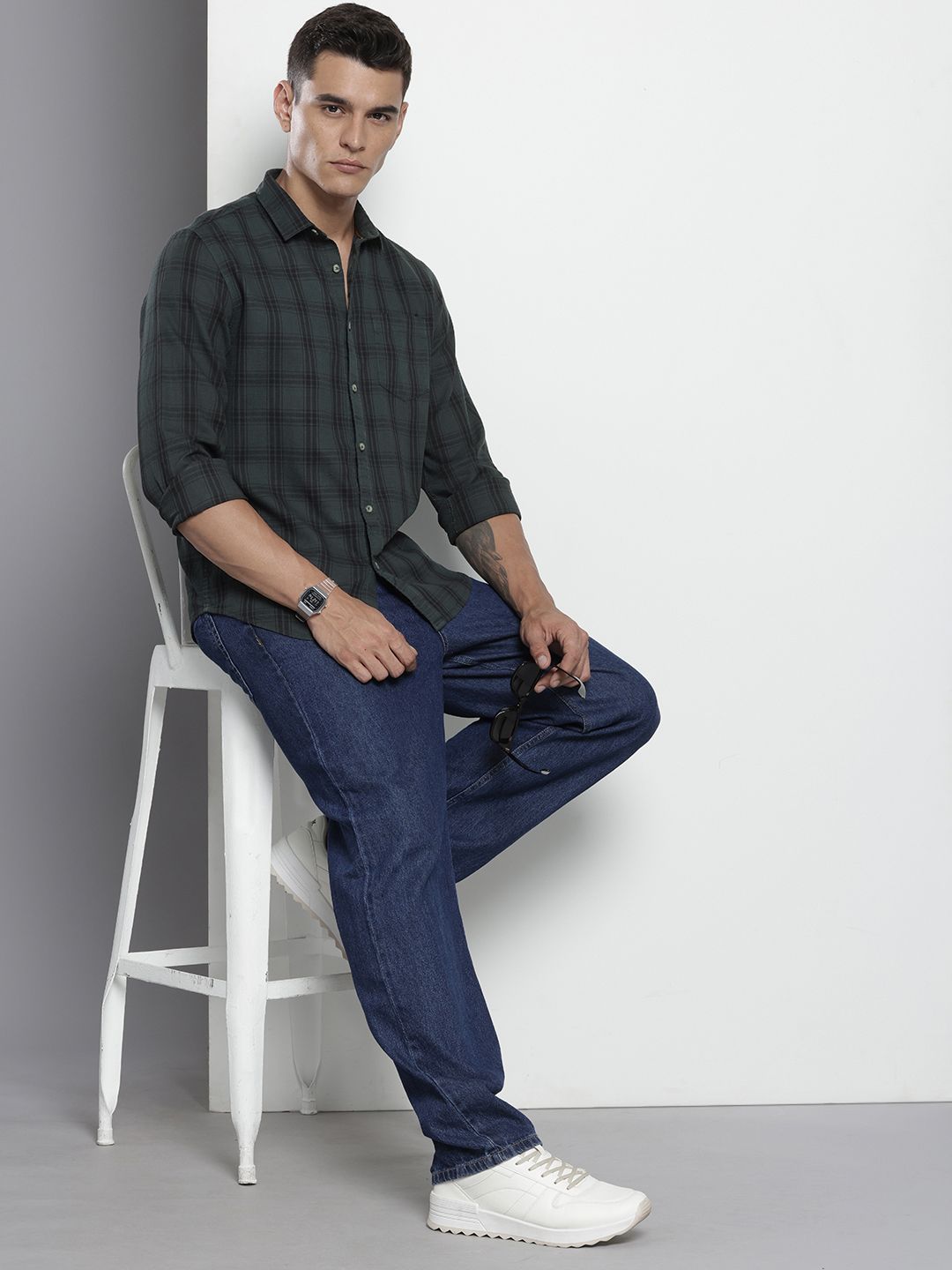 Men's Green Slim Fit Checked Casual Shirt